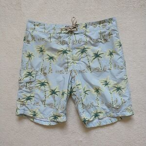 J CREW Cargo Board Shorts Mens 32 Blue Palm Trees AllOver Print Lined Drawstring